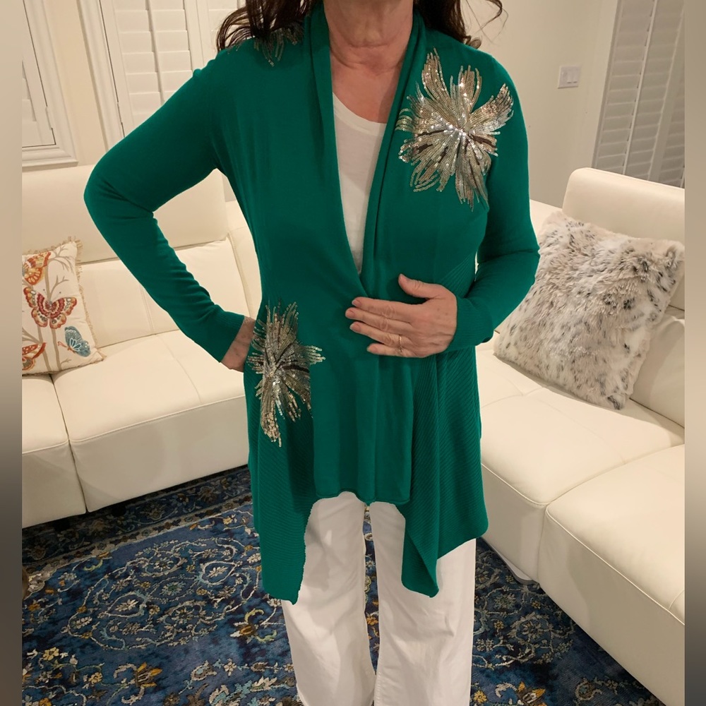 INC cotton blend open front cardigan asymmetrical hem sequin detail small
